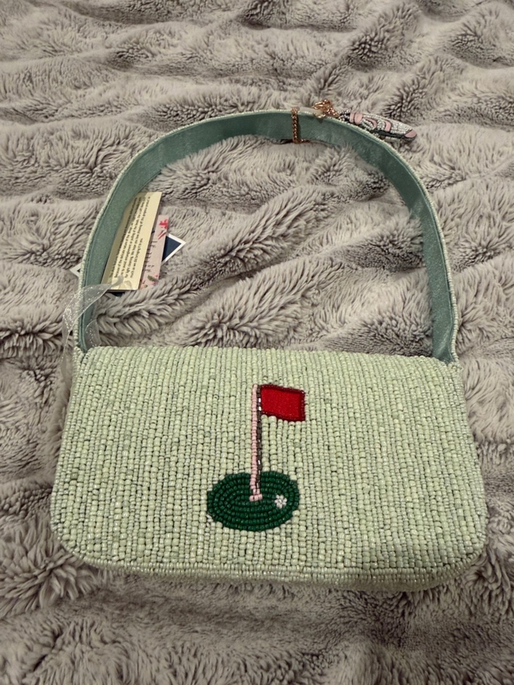 Beaded Mint Green Shoulder Bag with Pink Golf Cart Motif viral TikTok - Picture 6 of 16